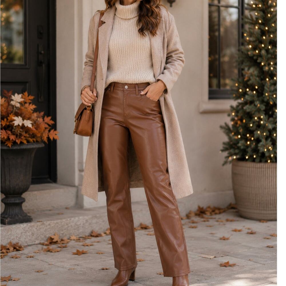AG Faux Leather Pants Five Pocket Cognac Brown Size 31 Quiet Luxury Minimalist